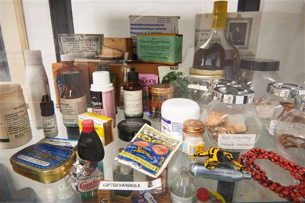 Många giftiga föremål i ett glasskåp , till exempel en lustgaspatron, torkad flugsvamp och en liten gulsvart groda. 